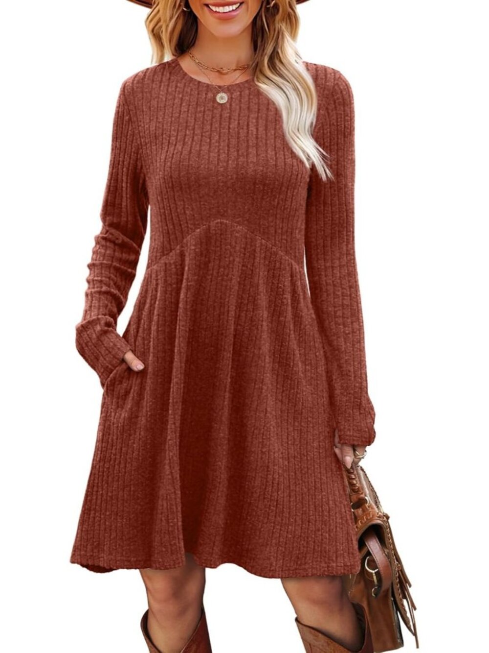 Women's Caramel Long Sleeve Comfort Crew Neck Empire Waist Tunic Mini Dress - Picture 3 of 5